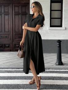 Pariaura 杏色褶裥下摆口袋衬衫裙，休闲优雅的女士办公室连衣裙，夏季大学校园服装 - 黑色 - 查看 5