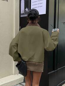 Muchica Khaki Oversized Pocket Turndown Collar Short Jacket, Autumn New Arrival - Army Green - View 2