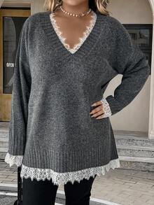 EMERY ROSE 1 pièce Femmes Pullover élégant à manches longues avec encolure en V et garniture en dentelle, épaules tombantes, grande taille - Gris - Voir 7