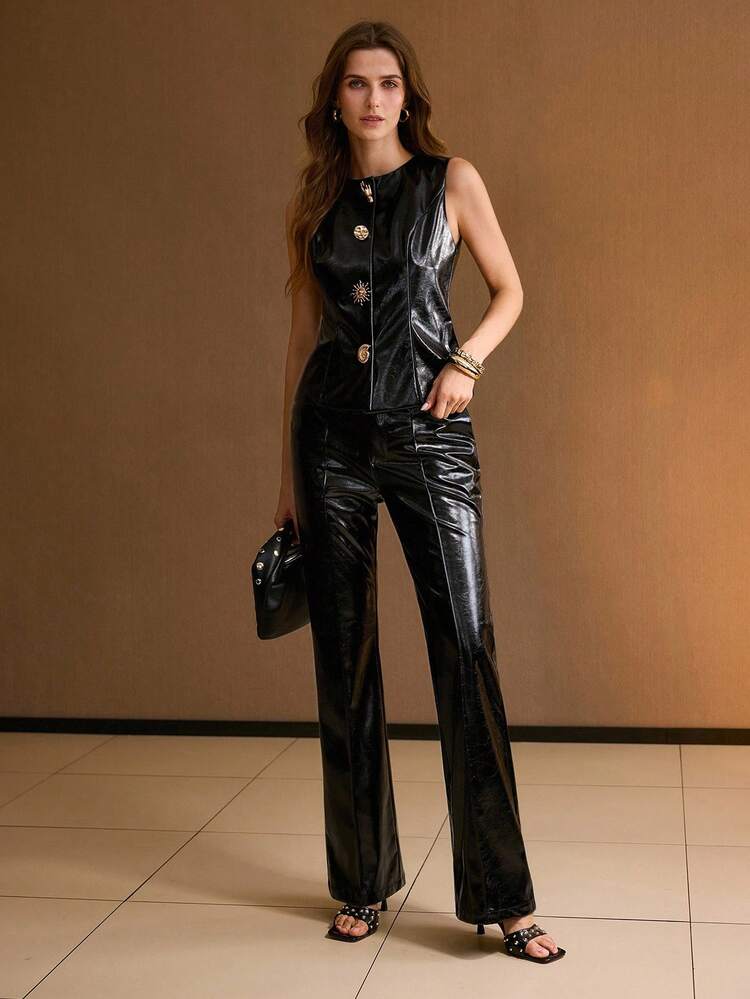 BUTTON UP FITTED WAIST SLEEVELESS JACKET