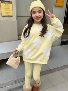 Bộ 2 quần áo nỉ cổ tròn in họa tiết hoa dễ thương cho bé gái tuổi teen, thoải mái cho mùa thu/đông - Nhiều màu - Xem 2