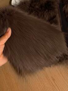 SHEIN Privé Plus Size Women Winter Solid Color Long Sleeve Fashionable Faux Fur Collar-Less Jacket Brown Jacket Women Faux Fur Coat Fur Jacket Crop Jacket, Brown For Women