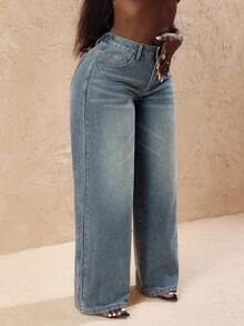 Slaydiva Plus Size Casual Washed Heart Pocket Wide Leg Jeans,Valentine's Day - Blue - View 6