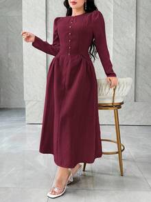 Feyla Elegant French Style Waist Cinching Pockets Minimalist Chic Slimming Dress - Burgundy - View 4
