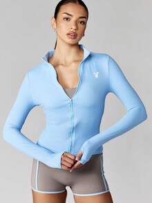 Missguided x Playboy 长袖修身拉链紧身衣高领弹力连体衣活力瑜伽健身连体衣复古风格 Y2K 时尚运动服 - 藍色 - 查看 5