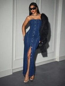 Jeanoix Y2K Front Button High Stretch Tube Top Denim Dress