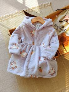 SHEIN Robe à capuche douce avec imprimé lapin mignon pour bébé fille - Parme - Voir 1