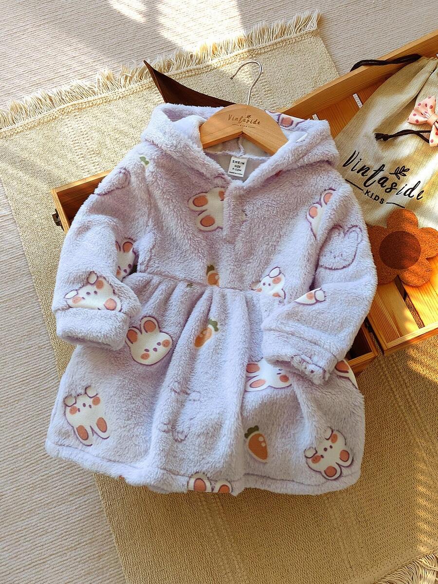 SHEIN Robe à capuche douce avec imprimé lapin mignon pour bébé fille - Parme - Voir 1
