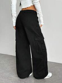 SHEIN EZwear Women's Solid Color Casual Warm Denim Jeans - Black - View 2