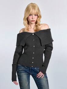 ROMWE J-Fashion Women's Solid Color Off Shoulder Long Sleeve Button Design Fashion Sweater, Autumn/Winter - Grey - View 7
