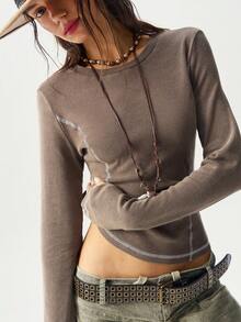 Bohemela BOHO Casual Solid Color Knit Long Sleeve Backless Women Top, Autumn - Mocha Brown - View 2