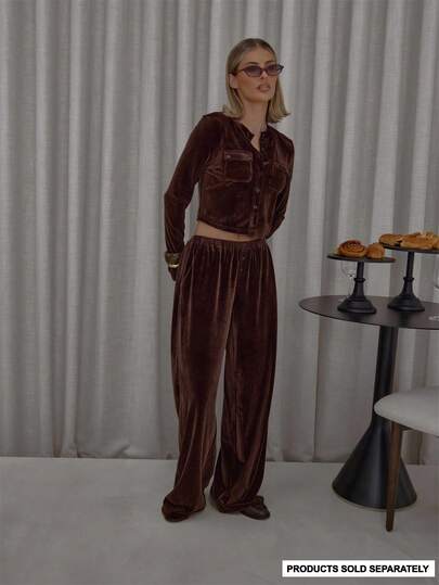 MUSERA Pantalón jogger de pierna ancha de terciopelo con cintura elástica y detalle de botones, solo Bottom, ropa de calle, lindo, elegante, casual, sexy, para salir, otoño, invierno, color toffee, Navidad