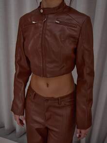 MUSERA Áo khoác cổ cao, khóa kéo phía trước, chất liệu giả da, có khuy bấm, kiểu dáng đường phố, thanh lịch, thường ngày, gợi cảm, màu kẹo bơ cứng. - màu nâu - Xem 2