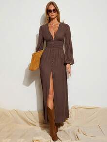 COSMINA Women's Elegant Brown High Slit Long Sleeve Dress, Perfect For Vacation In Four Seasons - Brown - View 1