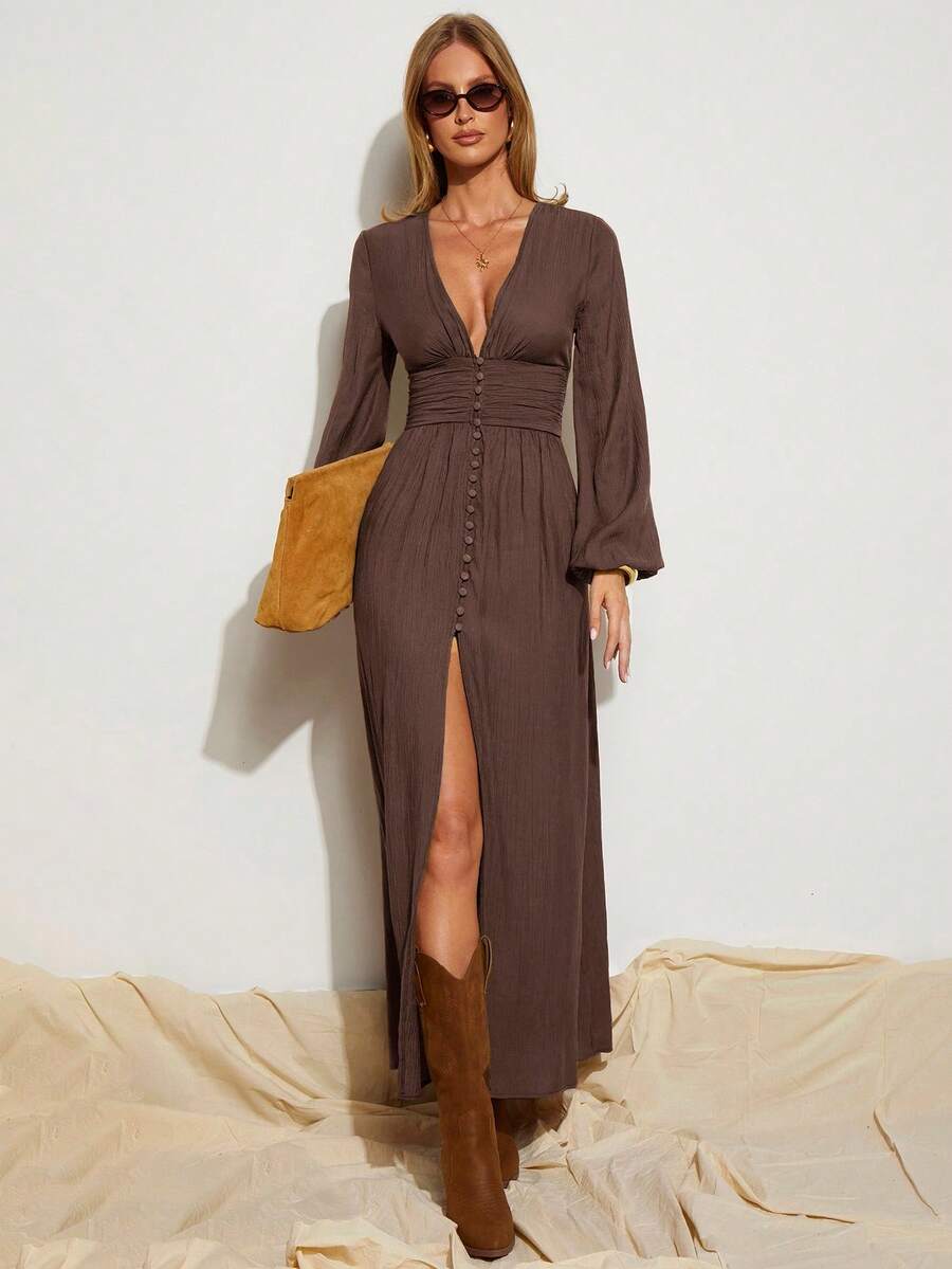 COSMINA Women's Elegant Brown High Slit Long Sleeve Dress, Perfect For Vacation In Four Seasons - Brown - View 1