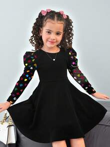 SHEIN Đầm dệt kim cổ tròn tay dài chấm bi nhiều màu Nova Glow cho bé gái - màu đen - Xem 6