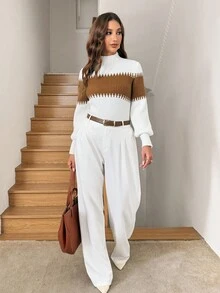 SHEIN LUNE 秋冬女士高领灯笼袖拼色休闲工作服毛衣，长袖上衣 - 白色 - 查看 3