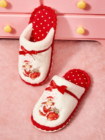 Strawberry Shortcake X SHEIN Modne i urocze kropki z haftem truskawkowym, antypoślizgowe kapcie damskie i dziewczęce, miękkie pluszowe, ciepłe, zimowe kapcie domowe, trwała podeszwa, do sypialni, pokoju, na wiosnę i jesień