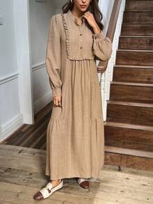 LanaWest Women's Khaki Flowy Fabric Stand Collar Ruffle Trim Half-Placket Button Niche Design Western Casual Loose Flared Dress, Autumn