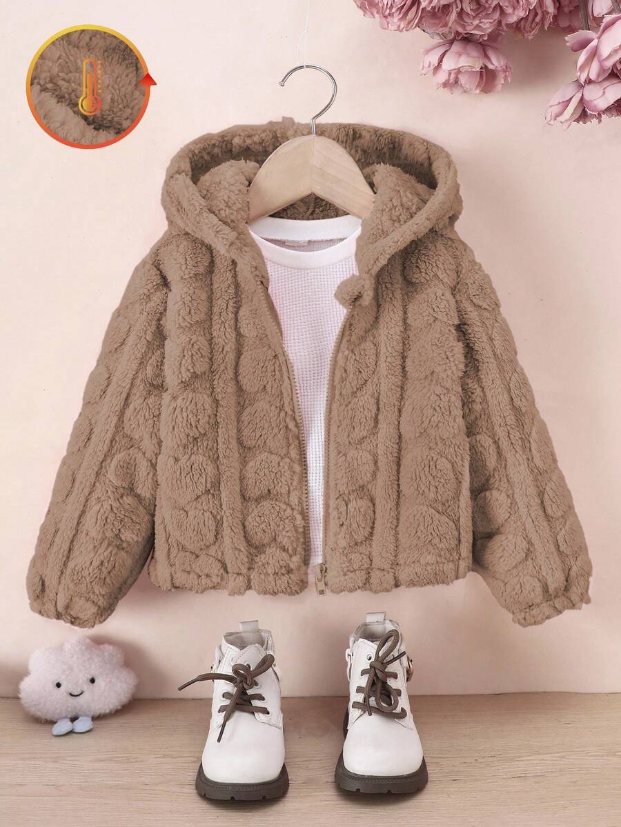 SHEIN Elladie kids Áo khoác len lông mềm mại cho bé gái, màu hồng, khóa kéo phía trước, họa tiết trái tim, áo khoác cardigan trùm đầu dễ thương cho mùa thu/đông - Cà phê nâu - Xem 1