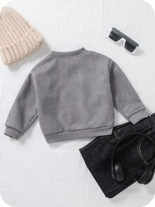 SHEIN Baby Jungen/Mädchen schwarze Baseball Jacke, lässige vielseitige Dekorationstasche, weiches Wildleder-Gewebe, Allround-Streetwear, bequem, einfach, geeignet für Ausflüge, Herbst