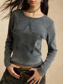 Easelle 女式针织紧身圆领长袖五角星图案休闲T恤 - 黑色 - 查看 4