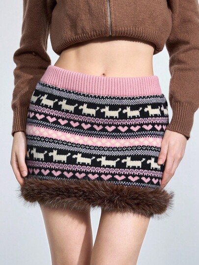 Kawaii Women's Cozy Autumn/Winter Fair Isle Textured Knit Fuzzy Mini Skirt