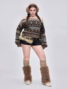 ROMWE Kawaii Plus Size Avant Vintage Geometric Abstract Fair Isle Pattern Fuzzy Plus Size Off-Shoulder Sweater, Retro Street Style Loose Fit Fair Isle Knit Pullover For Autumn/Winter, Plus Size Casual Fashion Women Clothing, Y2K Vintage Inspired Plus Size Women Sweater With Fair Isle Pattern For Holiday Party, Christmas Party, Elegant Plus Size Ladies Knitwear - Multicolor - View 3
