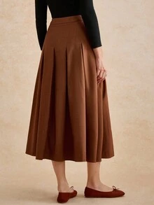 Écloséra 法式复古秋季棕色半身裙 新款秋冬高腰百褶半长小香水风女裙 女士秋季服装 秋季外出搭配女裙 - 棕色 - 查看 2