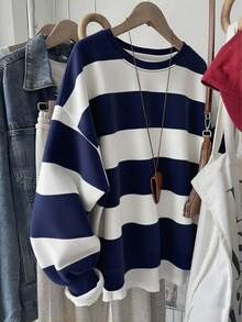 INAWLY Koreanischer Stil modischer vielseitiger bunter gestreifter Sweatshirt, geeignet für Oberbekleidung, Fotografie, Camping, Herbst, Winter, Schulanfang, Damen Regular Rundhals