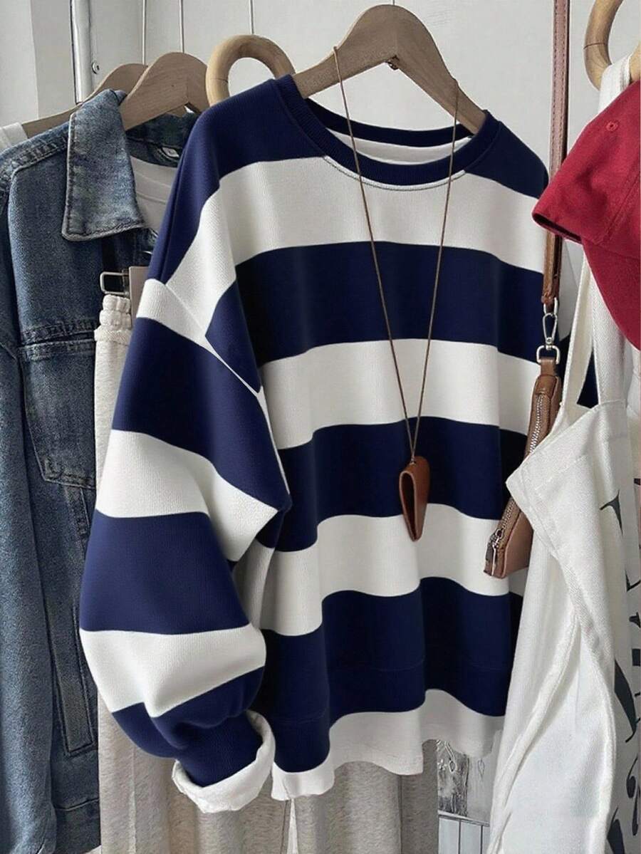 INAWLY Koreanischer Stil modischer vielseitiger bunter gestreifter Sweatshirt, geeignet für Oberbekleidung, Fotografie, Camping, Herbst, Winter, Schulanfang, Damen Regular Rundhals