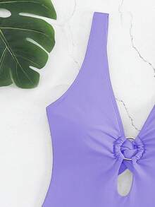 SHEIN Swim Summer Beach Ring Linked Cut Out One Piece Swimsuit - Purple - View 4