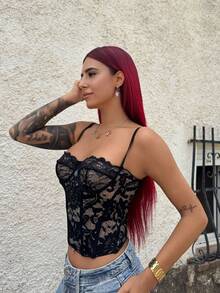 Bearsaez Sexy Lace See-Through Cami Top, Party, Date, Casual, Commute, Cute Bralette, Sexy Club Top, Corset Top, Strapless Top, Going Out Summer Cute Lace Top, Halloween Clothes,Halloween Costume - Black - View 6