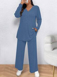 EMERY ROSE 大码女式 V 领长袖罗纹 T 恤和裤子休闲两件套 - 寶藍色 - 查看 3
