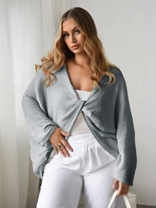 Auralis 秋季大码女式纯色蝙蝠袖扭纹休闲毛衣 - 灰色 - 查看 5