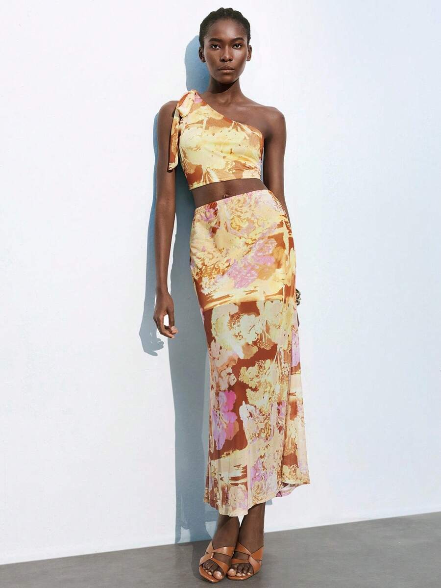 Maija Conjunto de 2 piezas de verano para mujer, top corto de tirantes con estampado floral y falda ajustada de tela de malla estampada con cintura elástica, elegante, de moda, cómodo y sexy - Naranja - Ver 1