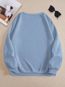INAWLY Plus Size Women's Bow Embroidery Fleece Crew Neck Drop Shoulder Long Sleeve Sweatshirt, Autumn/Winter - Baby Blue - View 2