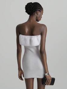 Glamine Women's White Chic Summer Strapless Mini Dress,Faux Fur Collar Tight Fitting Night Out Club Bandage Tube Dress,Warm Knitted Sweater Party Wear - White - View 2