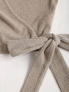 Sweetra Women's Textured Fabric Casual Commuter Tie Bow Blouse And Pants Set, Autumn - Apricot - View 5