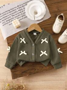 SHEIN Vintaside Kids 女婴 V 领蝴蝶结纯色长袖开衫，春秋装 - 綠色 - 查看 1