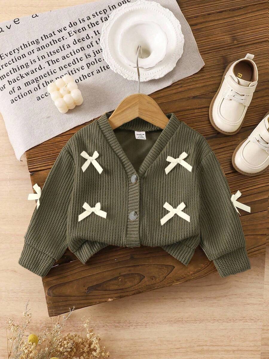 SHEIN Vintaside Kids 女婴 V 领蝴蝶结纯色长袖开衫，春秋装 - 綠色 - 查看 1