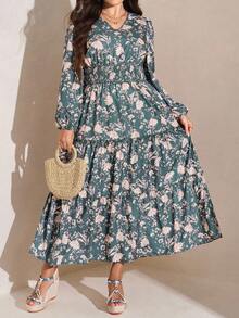 Comfylo 加大码女式绿色碎花长裙，春季，女式教师装，复活节连衣裙女式夏季波西米亚风复古款 - 綠色 - 查看 7