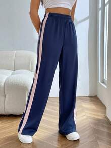 SHEIN EZwear 女式休闲海军蓝撞色侧条纹阔腿运动裤 - 藏蓝色 - 查看 6