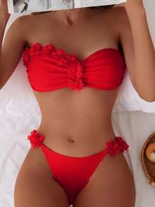 Swim Chiccia 2025 Women Summer Beach Solid Color 3D Floral Decor Ruched Bandeau Sexy Bikini Swimsuit Set - Red - View 3