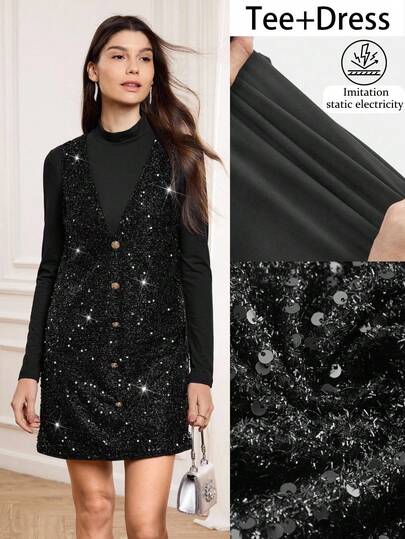 Miaspire 女士优雅派对两件套，适合优雅派对、郊游和聚会场合，包括高领长袖衬衫和亮片刺绣吊带裙，秋冬