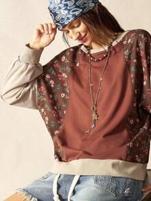 Bohemela 休闲针织拼布圆领碎花长袖宽松水洗女式上衣 - 摩卡棕 - 查看 2