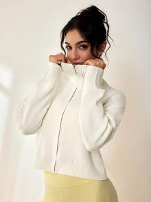 SHEIN Sovereign Charm Regular Fit Zip-Up Stand Collar Long Sleeve Casual Knit Sweater - White - View 5
