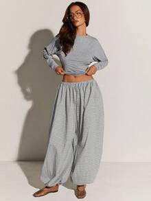 Athîral Women's Plaid Elastic Waist Loose Casual Balloon Pants, Summer