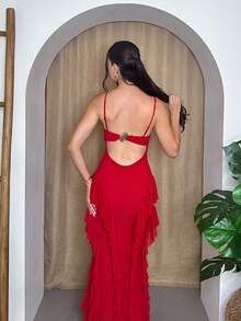 Andrea Bello 女士优雅浪漫约会吊带背心红色花卉荷叶边露背修身款适合鸡尾酒会、针织网眼连衣裙、派对、婚礼伴娘、长裙，非常适合派对、节日和情人节、女士连衣裙、情人节、女士连衣裙