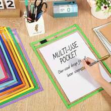 6pcs/10pcs (Random Color)Reusable Dry Erase Pockets, Extra Large Whiteboard Pockets, Transparent Plastic Protective Film, Teacher School Classroom Supplies